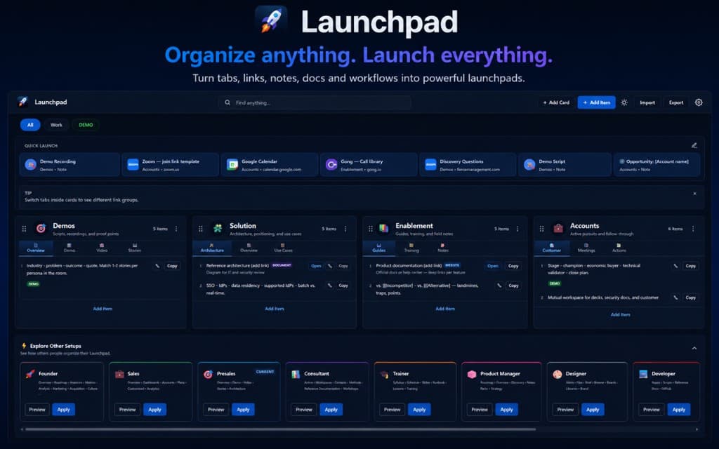 Launchpad in dark mode — quick launch links and tabbed cards