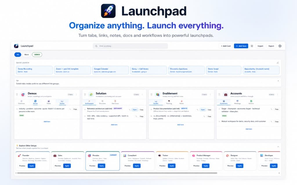 Launchpad home dashboard — cards, quick launch links, and role templates