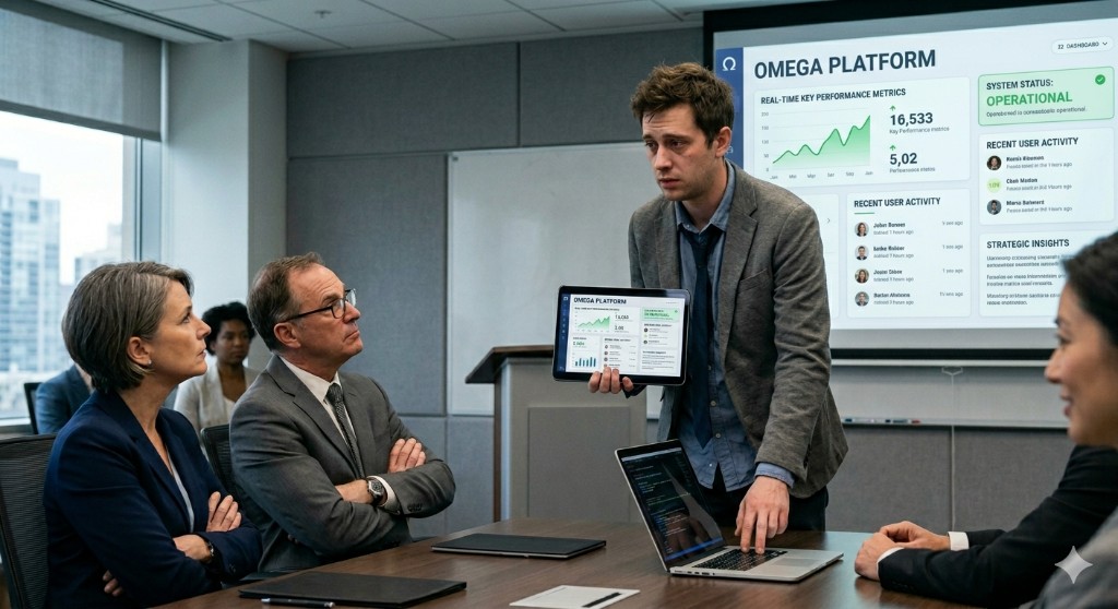 Presales team presenting an unfinished product demo in a conference room